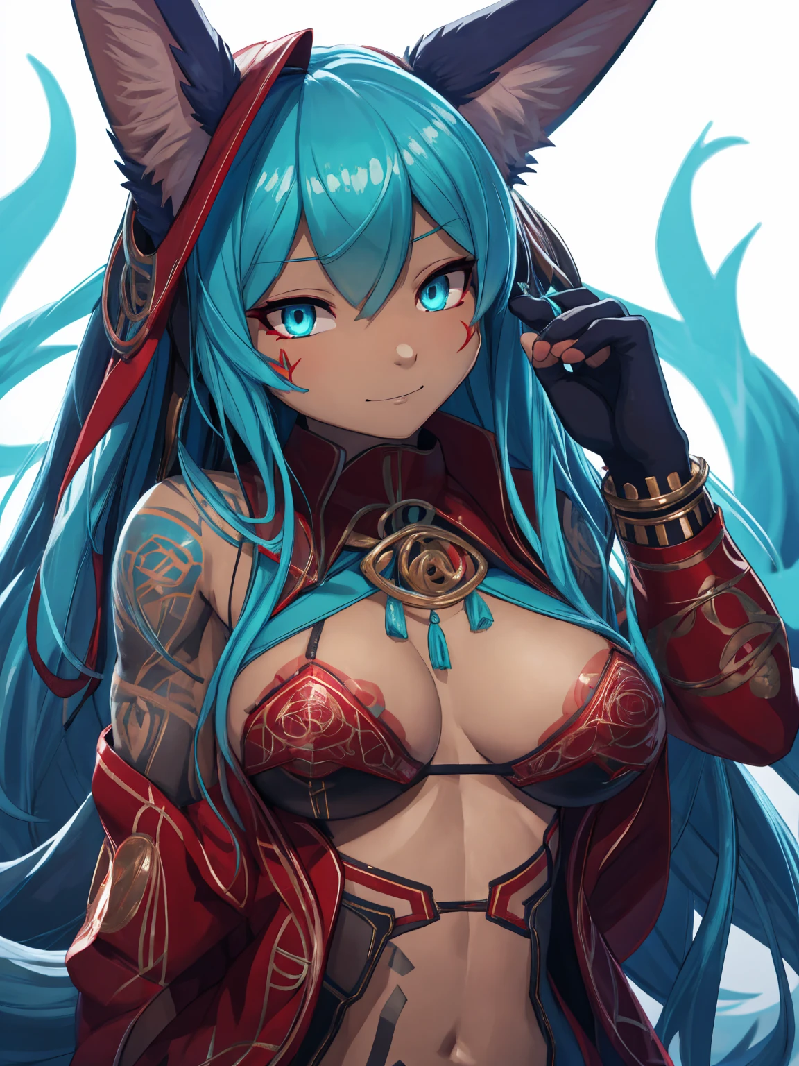 the best definition, Miku Hatsune, High Definition, kitsune ears, tribal tattoo, flirtatious girl, Small breasts add_detail, magician girl add_detail, sensual pose, horny girl, expression of sarcasm puts his hands to his face with an expression of mischief add_detail, detailed pupils, deep blue color add_detail:1