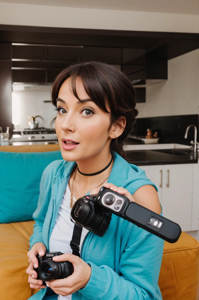 A mam  is lookin, at a vlogging with utter Surprise