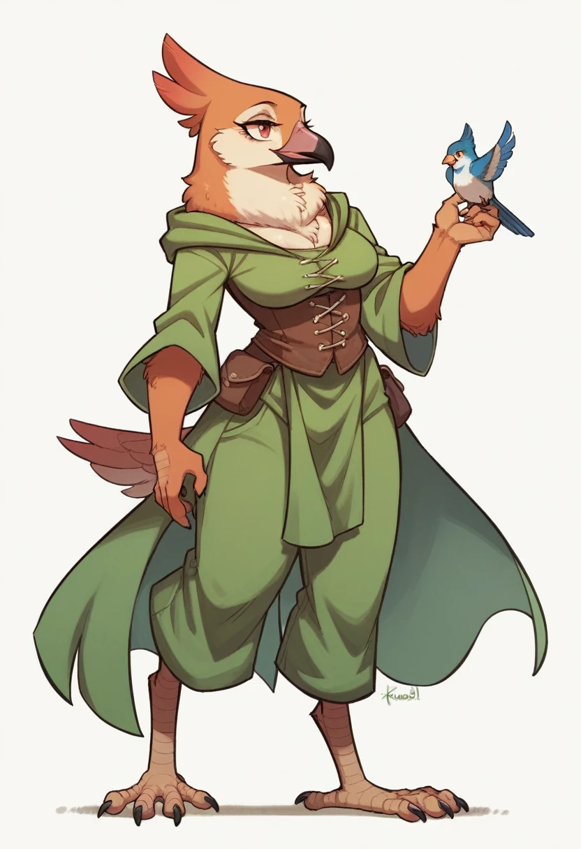female anthropomorphic bird, Breasts covered and sfw. full body, white background. plays bagpipes. kopf von einem Robin, bird head, SCHNABEL, Robin. robin bird