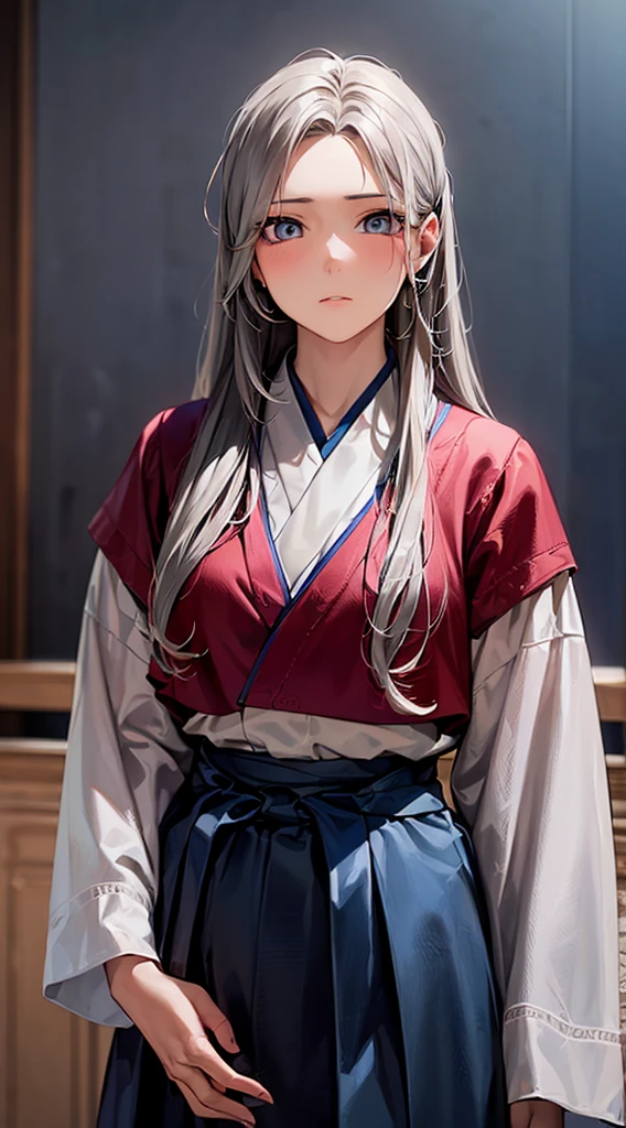1girl,long silver hair,calm expression , traditional style dress, confident , serene ,looking at the viewer ,detailed eyes
