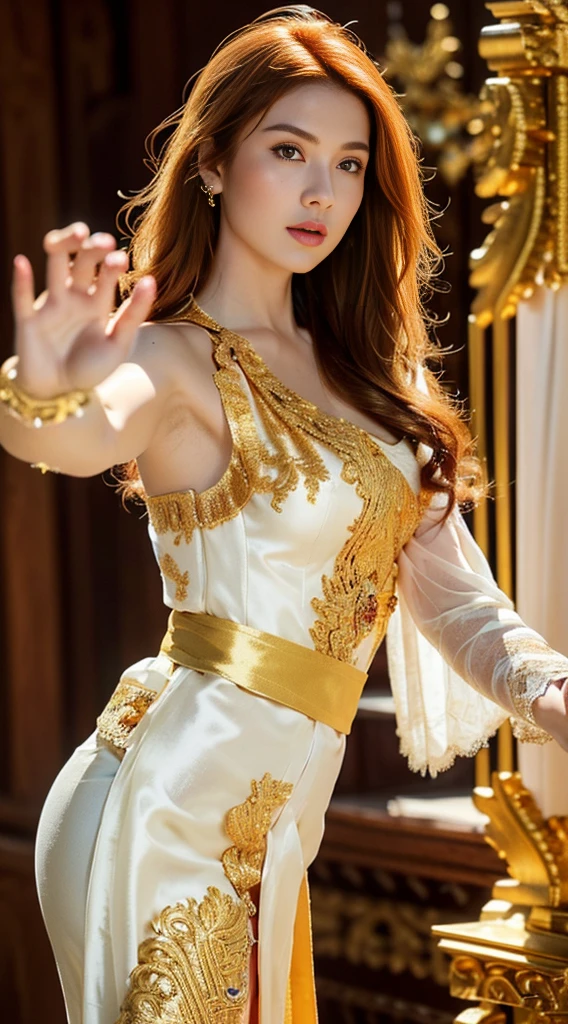 Photorealistic Production, (One Person), (Realistic Image of a 25 Years Old British Female Model), (Shoulder-level Wavy Ginger Hair:1.6), (Athletic Body Builds:1.4), (Pale Skin:1.4), (Wearing a White Ornated Kebaya Dress with Silk Cloth and Golden Jeweleries:1.6), (Serious Face), (Deep Cleavage), (Elegant Pose:1.6), Centered, (Waist-up Shot:1.4), From Front Shot, Insane Details, Intricate Face Detail, Intricate Hand Details, Cinematic Shot and Lighting, Realistic Colors, Masterpiece, Sharp Focus, Ultra Detailed, Taken with DSLR camera, Realistic Photography, Depth of Field, Incredibly Realistic Environment and Scene, Master Composition and Cinematography