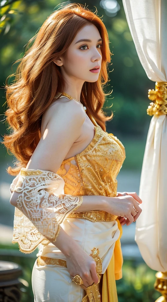 Photorealistic Production, (One Person), (Realistic Image of a 25 Years Old British Female Model), (Shoulder-level Wavy Ginger Hair:1.6), (Athletic Body Builds:1.4), (Pale Skin:1.4), (Wearing a White Ornated Kebaya Dress with Silk Cloth and Golden Jeweleries:1.6), (Serious Face), (Deep Cleavage), (Elegant Pose:1.6), Centered, (Waist-up Shot:1.4), From Front Shot, Insane Details, Intricate Face Detail, Intricate Hand Details, Cinematic Shot and Lighting, Realistic Colors, Masterpiece, Sharp Focus, Ultra Detailed, Taken with DSLR camera, Realistic Photography, Depth of Field, Incredibly Realistic Environment and Scene, Master Composition and Cinematography