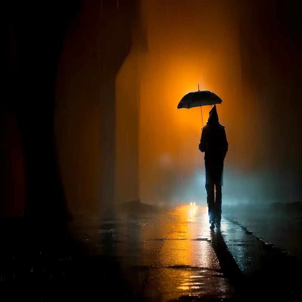 araffe Walking in the rain at night with an umbrella, Rainy evening, low - light photography, Rainy night, In the evening rain, It was raining at night, low - light photography, Weather Photography, Night Photography, Rainy Night, Dark Glow Rain, author:Max Dauthendey, single person with umbrella