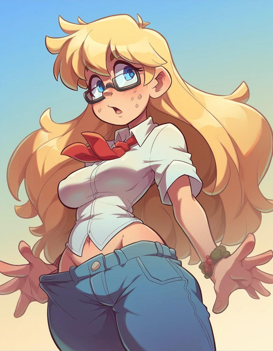 Ralph Bakshi Style, curvy big-nose dirty-blonde with small_breasts and blue eyes with glasses and medium-long hair