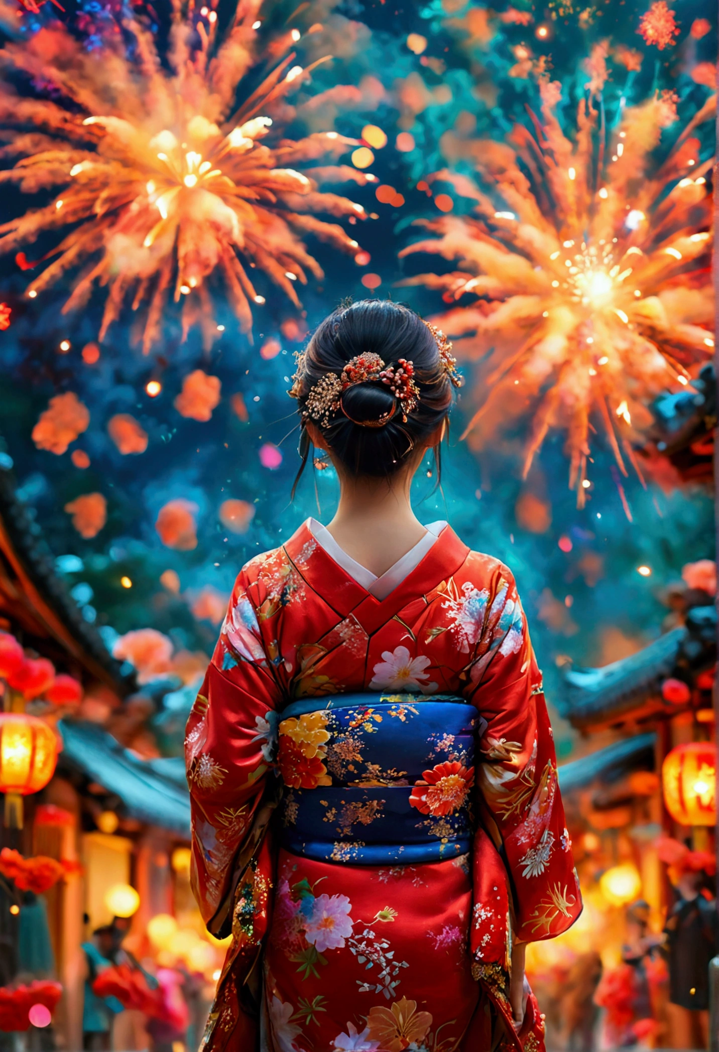 Imagine a girl in a kimono walking through a ceremony.。, Colorful fireworks burst into the sky. The atmosphere was cheerful, With volume light, Soft Light, Masterpiece of Xing Hai Chen, Best Quality, Depth of written boundary, Detailed Background, Beautiful cheeks, Sparkling Eyes, And the starry sky at night,