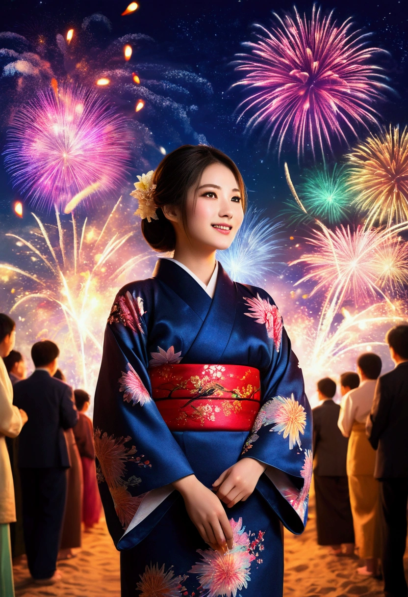 Imagine a girl in a kimono walking through a ceremony.。, Colorful fireworks burst into the sky. The atmosphere was cheerful, With volume light, Soft Light, Masterpiece of Xing Hai Chen, Best Quality, Depth of written boundary, Detailed Background, Beautiful cheeks, Sparkling Eyes, And the starry sky at night,