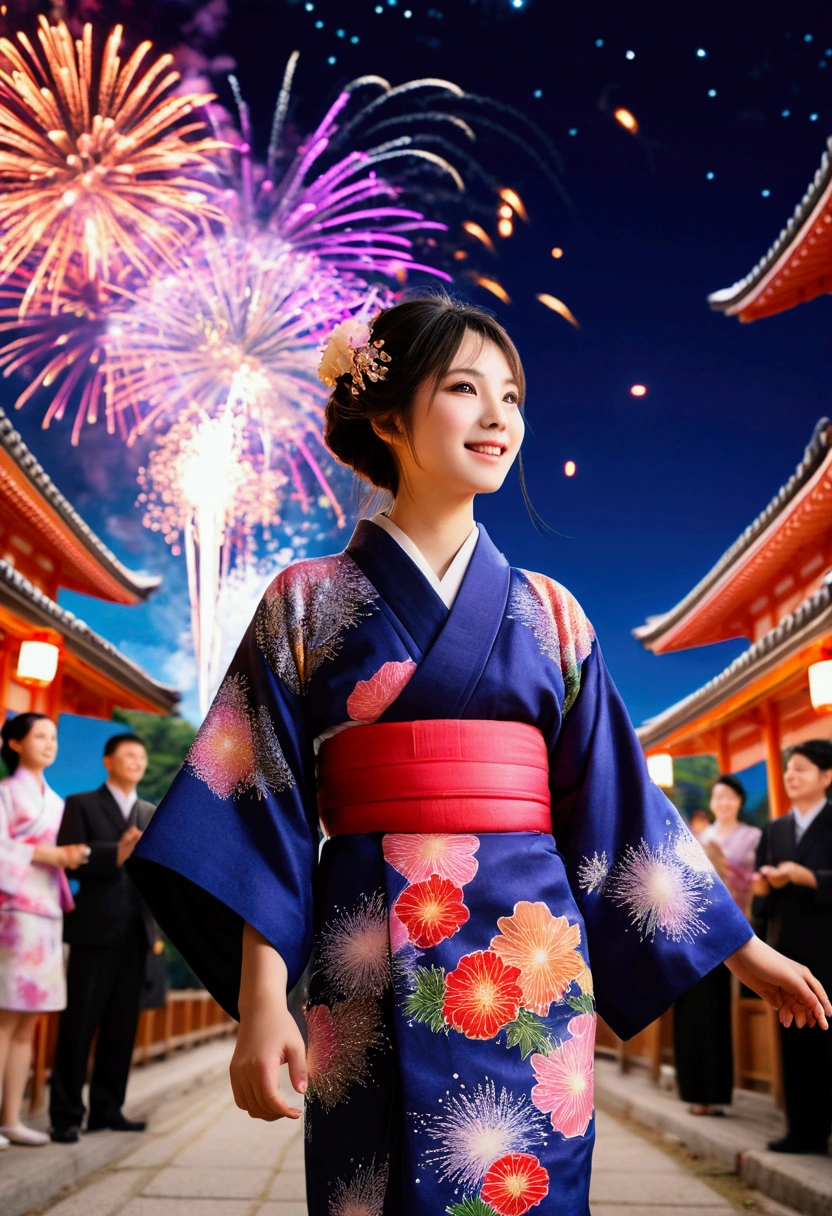 ((masterpiece(:1.4)，Highest quality，Ultra-high resolution，Highest quality，8k，Extremely detailed，In detail))。night，Fireworks display，Summer festival，Japanese，Female college student，Yukata，Japanese hairstyle，hair ornaments，hairpin，Drawstring bag，geta，cute，Clear，(Fireworks displayのnightに河川敷で花火を背景にしたスナップ写真)，Hyper Quality