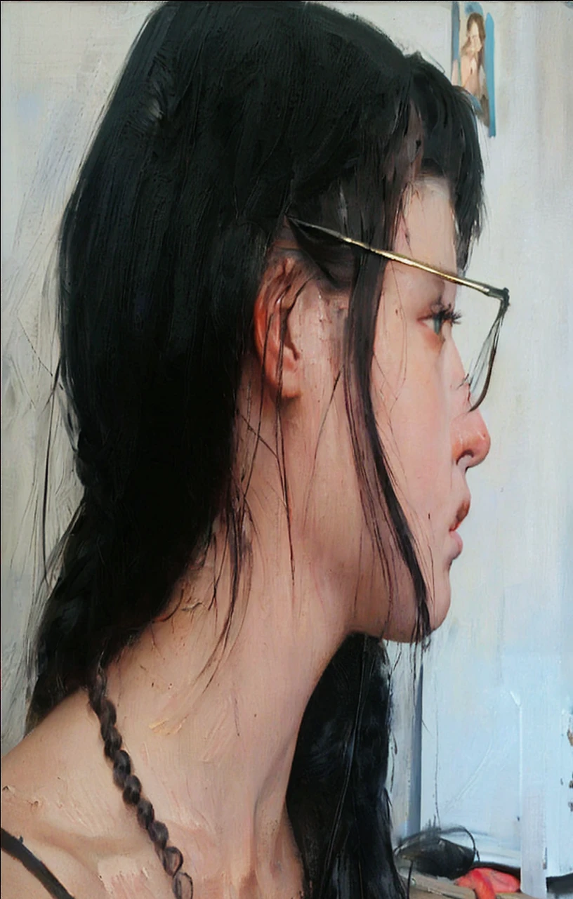 A woman with long braided black hair, dramatic lighting, intricate oil painting portrait, textured brushstrokes, old masters style, high quality, detailed, photorealistic