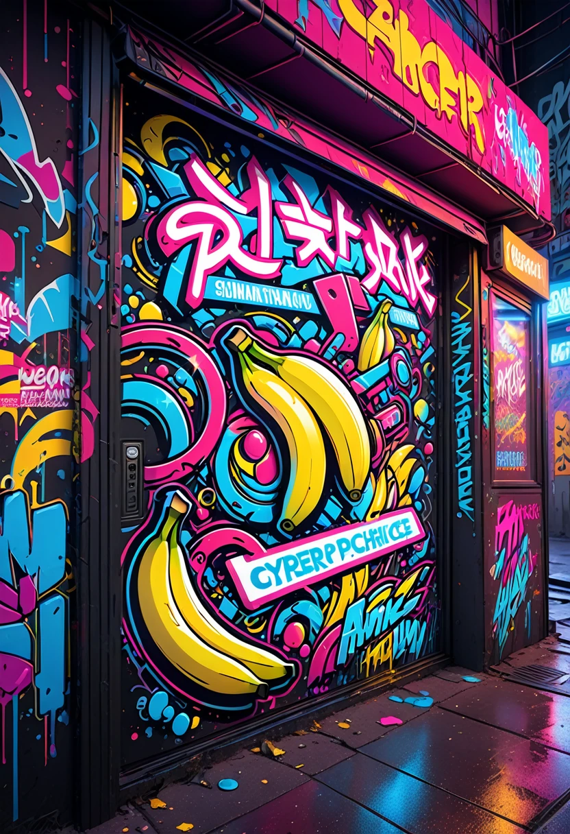 Banana shape with prominent white outline, deep matte black base peel symbolizing the dark streets of Night City, intricate blue neon circuit lines running across the surface resembling cybernetic implants, graffiti style. Near the tip, the "Samurai" logo designed in a graffiti font. Scattered across the peel are stickers of in-game brands like Arasaka and Militech, and gang symbols like "The Moxes," all depicted with a street art aesthetic. Modernized tribal tattoo motifs and hacking icons in vibrant red and green neon graffiti style. Sections with light effects mimicking the neon lights of Night City, with a pulsating spray-paint effect around the circuits. Near the base, a small metallic chrome-plated label with the inscription "Cyber Choice" in a graffiti font. The design is vibrant, edgy, and high-tech, capturing the futuristic and dystopian ambiance of Cyberpunk 2077. The sticker has no background; all elements are contained within the banana shape, nothing extends beyond the edges. The overall look should be pixel perfect, hyper HD, ultra modern, and integrated into a cohesive design. The style combines the rebellious spirit of street art with the sleek, neon-lit aesthetic of the cyberpunk genre, achieving a detailed and immersive visual effect. Resolution 8K, ultra grand angle, highly detailed, graffiti-inspired, street art aesthetic, cyberpunk vibe, high-resolution, pixel perfect.

