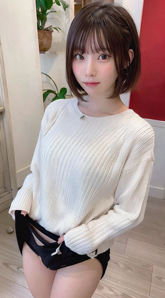 the Extremely Detailed CG Unity 8K Wallpapers、top-quality、ultra-detailliert、​masterpiece、realisitic、Photo Real、Very detailed cute lady、20yr old、、((skirt lift by yourself)))、(Lifted by yourself)、sexy panties、panties focus、red blush、cparted lips、looking at the viewers、Semi-body shot、(Large crowds)、(Crowded museums)、Short bob cut、Facing the front、Beautiful skins