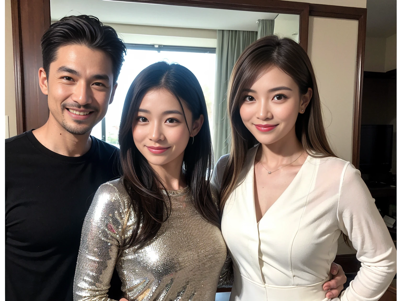 ((Highest quality、、masterpiece:1.3))、1 male、1 female,36 years old 39 years old、Put the light on my face、Slim Beauty、Beautiful couple、Upper Body、smile、 (Slim face), (the body is スリム), (Brown Hair), (Shortcuts), テーブルのフルコースディナーとwine glass、Amazing view of the sunset sky and clouds、smileの美しさ、Wine bottle、sparkling wine、Long sleeve shirt、dress、White wine, red wine, wine glass, Beautiful fine grain, Depth f/2,saturation, High Contrast, Strong light and shadow,Moist Body:1.5、 texture、The hair is very shiny、