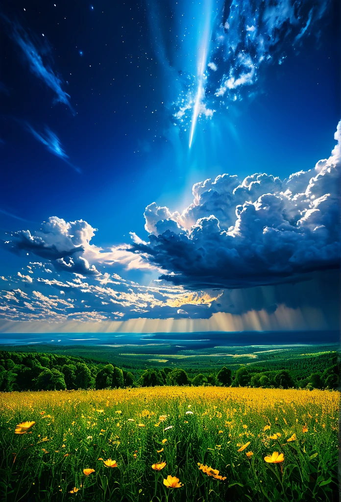 summer sky,photorealistic,highly realistic,extreme details,breathtakingly realistic,high contrast realism,high saturation realism,vibrant colors,dramatic lighting,captivating landscape,compelling storytelling,atmospheric scene,mesmerizing visuals,intricate details,strong emotions,celestial beauty,dreamlike world