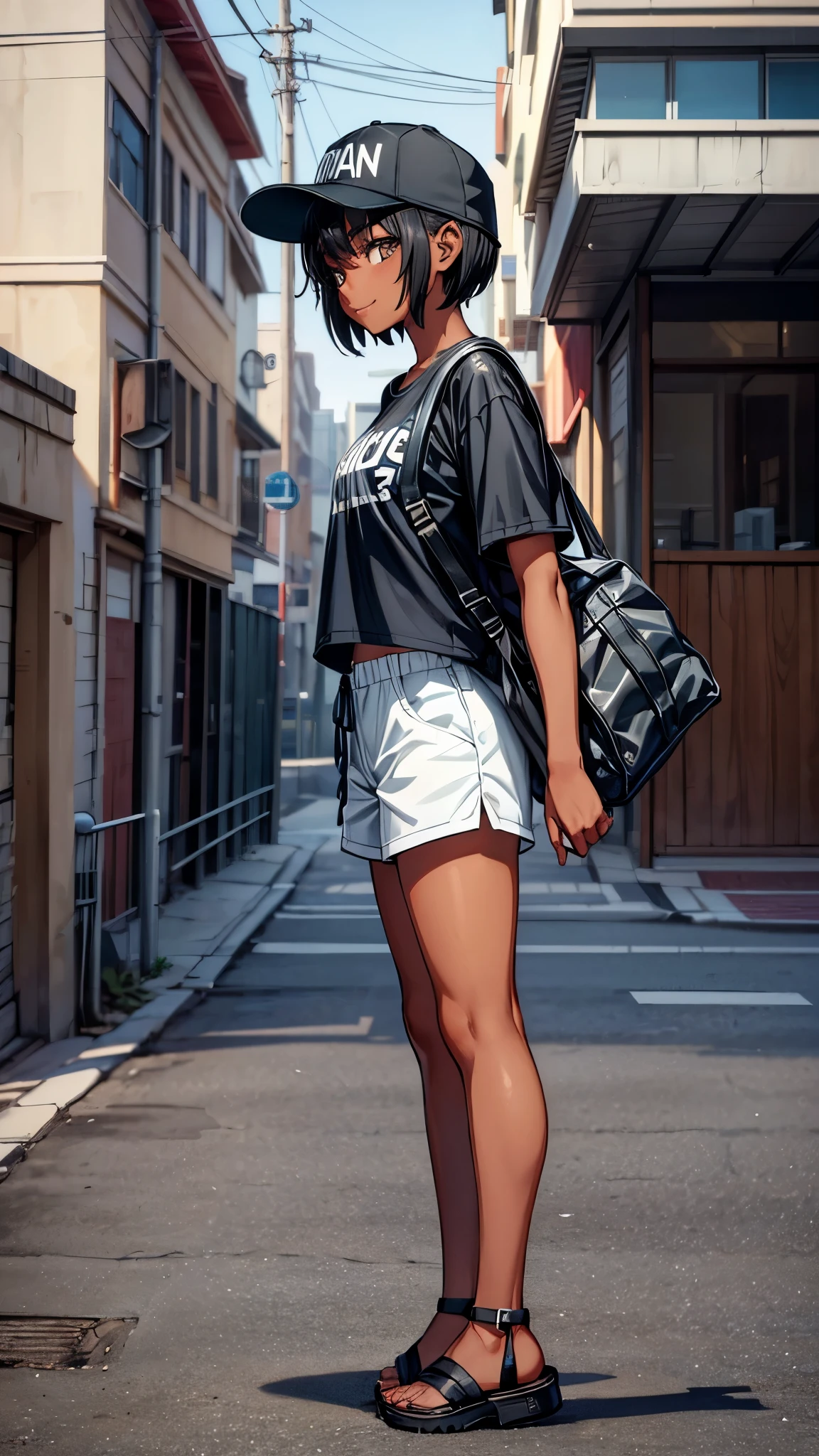 ((Look away2.0,from side)),outside the street,((full body1.8)),One  girl,(dark skin color),short black hair,seductive smile,baseball cap,shirts,short sleeve,shorts,sandals.