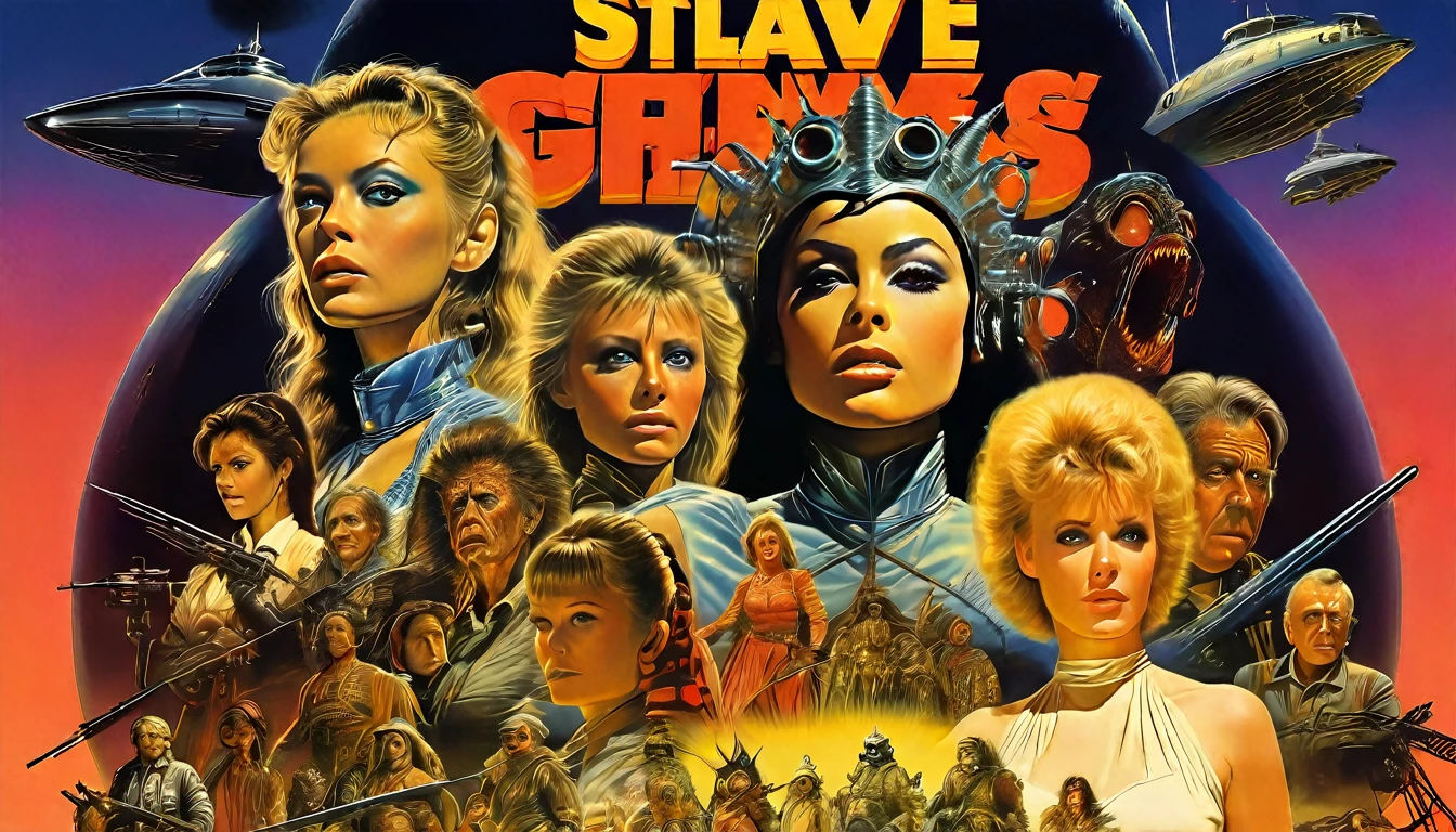 a movie poster for slave girls from beyond infinity, inspired by Clyde Caldwell, futuristic apocalypse, stalenhag, metal album cover, gwar, heavy metal band promo, wayne barlowe pierre pellegrini, retro sci fi, movie poster no text, movie poster promo, ultra detailed, complex, sharp focus, object texture, studio photo, intricate details, highly detailed, Real Photo style, hyper-realistic, high dynamic range, rich colors, realistic textures, 8K uhd, high color depth, Nikon D 850, Kodak 400 port, fujifilm XT, (cinematic film:3.1)
