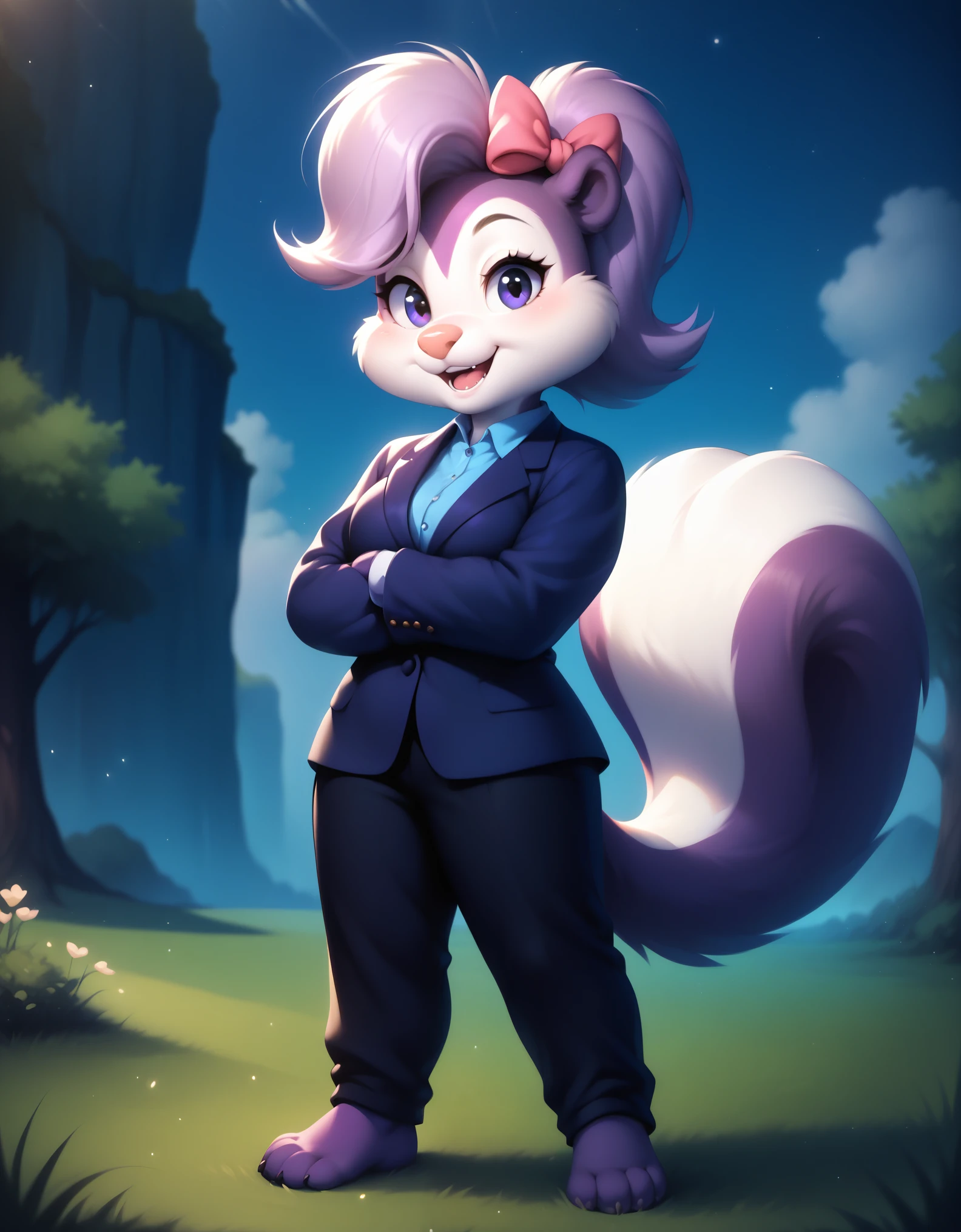 score_9, score_8_up, score_7_up, score_6_up, source_furry, score_safe, fifi, skunk, solo, 1girl, female, sfw, furry, purple body, hair bow, tail, cute, short, beautiful eyes, cartoony, flat color, simple shading, full-length portrait, studio ghibli background, blurred backgroun,