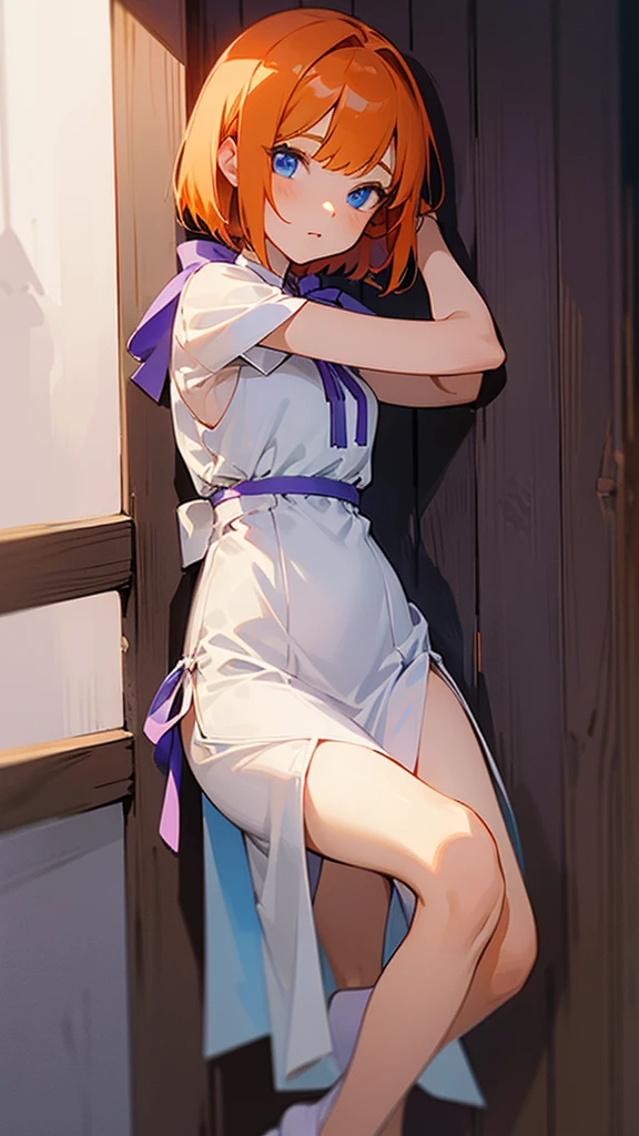 girl with orange angle bob hair and blue eyes, wearing a knee length white dress with a slit, purple ribbon leaning against a wooden fence