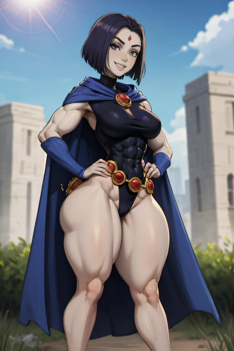 masterpiece, best quality, outdoors, lens flare, light particles, depth of field, 1girl, solo, looking at viewer, breasts, ravdc, grey skin, forehead jewel, cape, leotard, belt, hands on hips, blue cape, (muscular, thick thighs:1.7), big smile