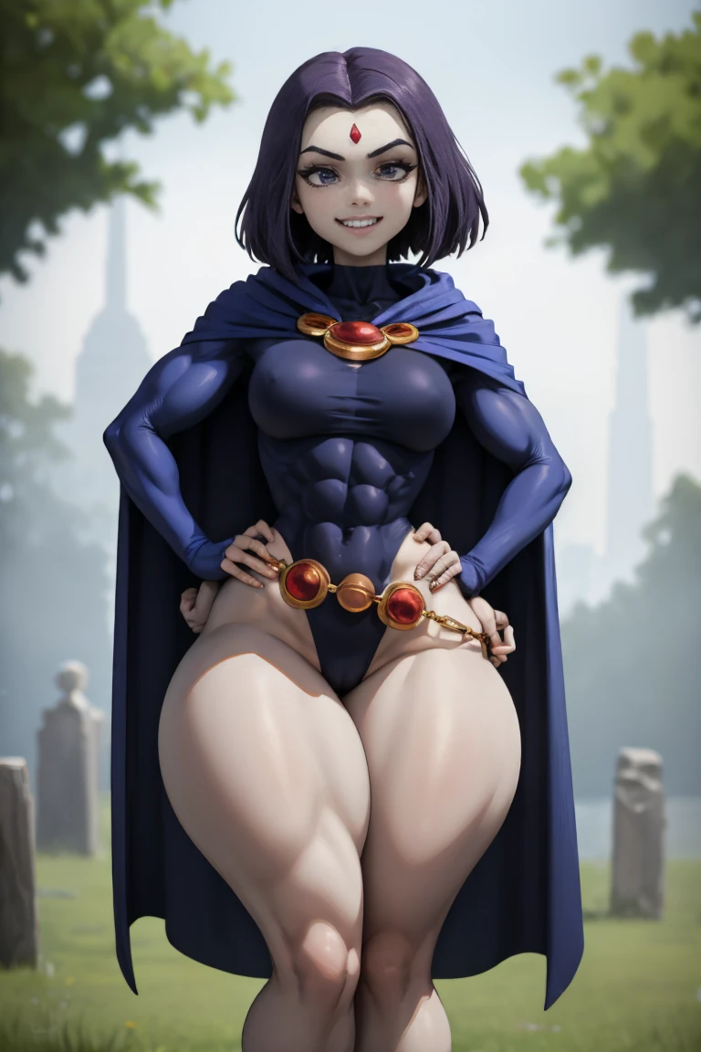 masterpiece, best quality, outdoors, lens flare, light particles, depth of field, 1girl, solo, looking at viewer, breasts, ravdc, grey skin, forehead jewel, cape, leotard, belt, hands on hips, blue cape, (muscular, thick thighs:1.7), big smile