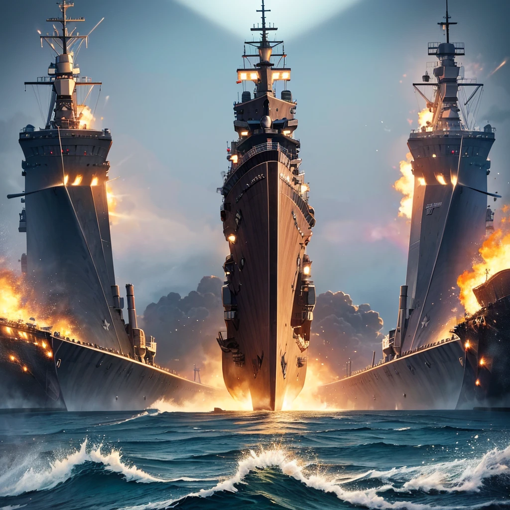 Content: A grand, detailed digital art piece showing numerous battleships at sea, all firing their cannons towards an empty center. The ships are positioned around the edges of the image, creating a dramatic scene with the center left ominously vacant. The ocean is rough, adding to the intensity of the scene.
Medium: Digital art, concept illustration.
Style: Highly detailed and realistic military art, capturing the scale and power of a large naval battle.
Lighting: Dynamic lighting with dramatic highlights and shadows. The cannon fire illuminates the scene with intense bursts of light, casting shadows across the turbulent ocean.
Colours: A palette dominated by steely blues, greys, and blacks for the ships and ocean, with bright flashes of orange and yellow from the cannon fire.
Composition: Battleships positioned around the edges of the image, all firing towards the empty center. The perspective creates a sense of vastness and intensity, emphasizing the scale of the naval forces.