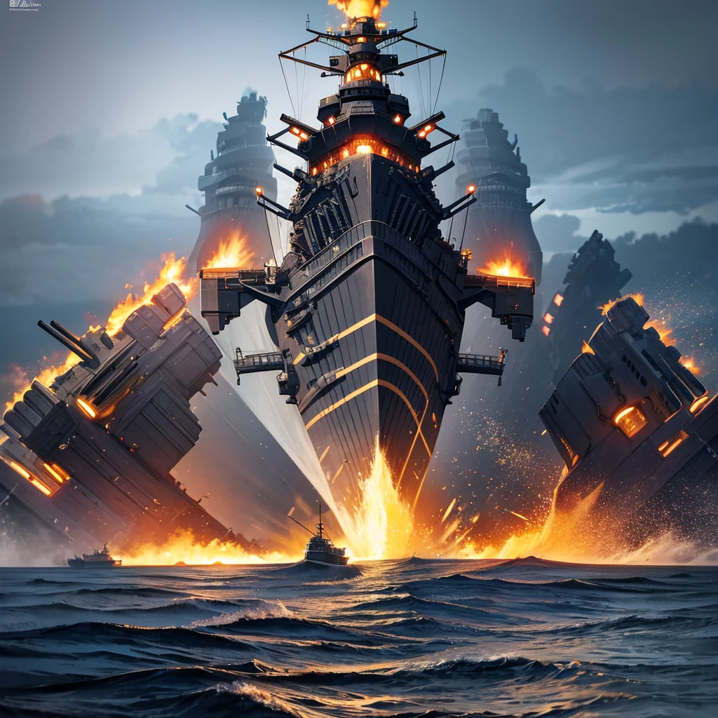 Content: A grand, detailed digital art piece showing numerous battleships at sea, all firing their cannons towards an empty center. The ships are positioned around the edges of the image, creating a dramatic scene with the center left ominously vacant. The ocean is rough, adding to the intensity of the scene.
Medium: Digital art, concept illustration.
Style: Highly detailed and realistic military art, capturing the scale and power of a large naval battle.
Lighting: Dynamic lighting with dramatic highlights and shadows. The cannon fire illuminates the scene with intense bursts of light, casting shadows across the turbulent ocean.
Colours: A palette dominated by steely blues, greys, and blacks for the ships and ocean, with bright flashes of orange and yellow from the cannon fire.
Composition: Battleships positioned around the edges of the image, all firing towards the empty center. The perspective creates a sense of vastness and intensity, emphasizing the scale of the naval forces.