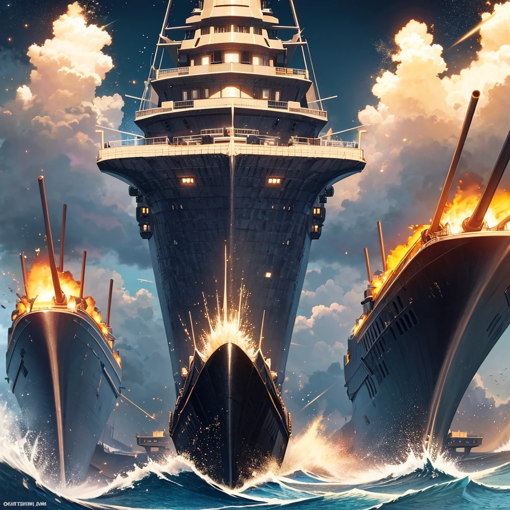 Content: A grand, detailed digital art piece showing numerous battleships at sea, all firing their cannons towards an empty center. The ships are positioned around the edges of the image, creating a dramatic scene with the center left ominously vacant. The ocean is rough, adding to the intensity of the scene.

Medium: Digital art, concept illustration.

Style: Highly detailed and realistic military art, capturing the scale and power of a large naval battle.

Lighting: Dynamic lighting with dramatic highlights and shadows. The cannon fire illuminates the scene with intense bursts of light, casting shadows across the turbulent ocean.

Colours: A palette dominated by steely blues, greys, and blacks for the ships and ocean, with bright flashes of orange and yellow from the cannon fire.

Composition: Battleships positioned around the edges of the image, all firing towards the empty center. The perspective creates a sense of vastness and intensity, emphasizing the scale of the naval forces.