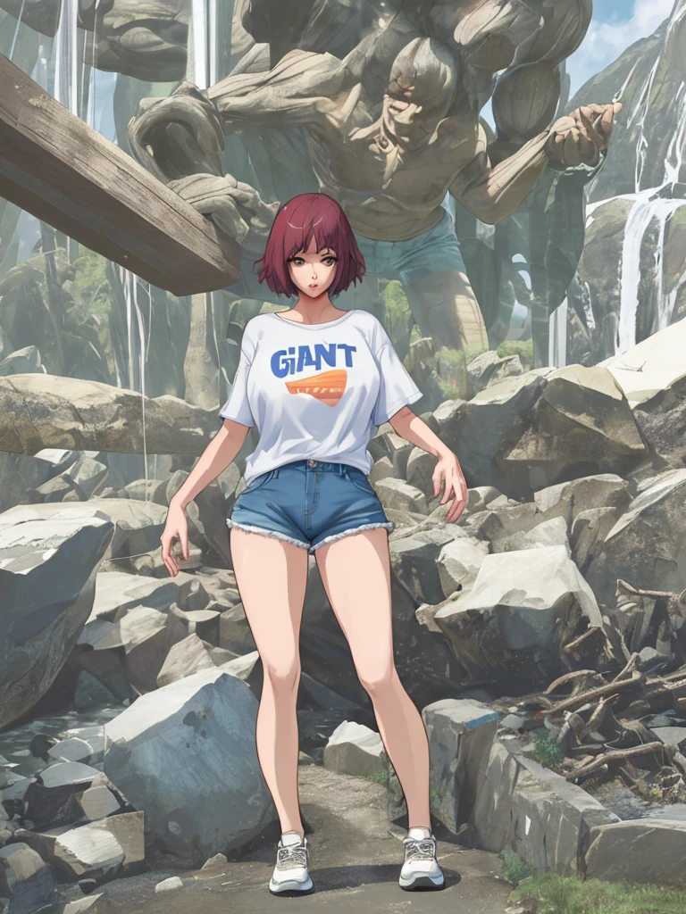 Giant woman、Long legs、Shorts、I'm not wearing underwear、Sexy figure、Stomp on a car、Wearing long boots、Oversized T-shirt、Erotic