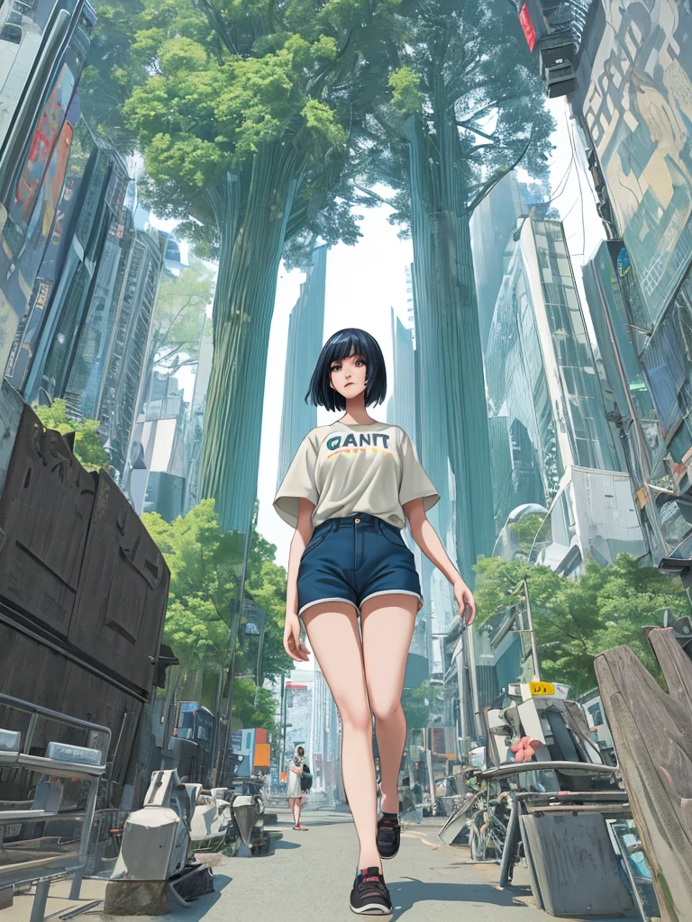 Giant woman、Long legs、Shorts、I&#39;m not wearing underwear、Sexy figure、Stomp on a car、Wearing long boots、Oversized T-shirt、Erotic