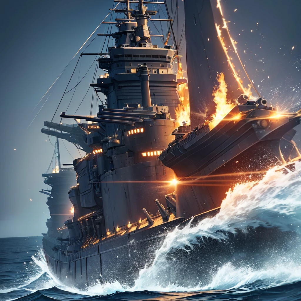 Content: A detailed digital art piece depicting a frontal view of a battleship firing its cannons. The battleship is massive and formidable, with large cannons blasting out powerful bursts of fire and smoke. The ocean around it is turbulent, reflecting the intensity of the action. Medium: Digital art, concept illustration. Style: Highly detailed, realistic military art in the style of naval history illustrations. Lighting: Dynamic lighting with dramatic highlights and shadows to emphasize the power and scale of the battleship. The cannon fire illuminates the scene with intense bursts of light. Colours: A palette of steely blues, greys, and blacks, with bright flashes of orange and yellow from the cannon fire. Composition: A frontal view with a slightly low angle to emphasize the size and power of the battleship. The horizon line is low, creating a dramatic sense of scale and action.