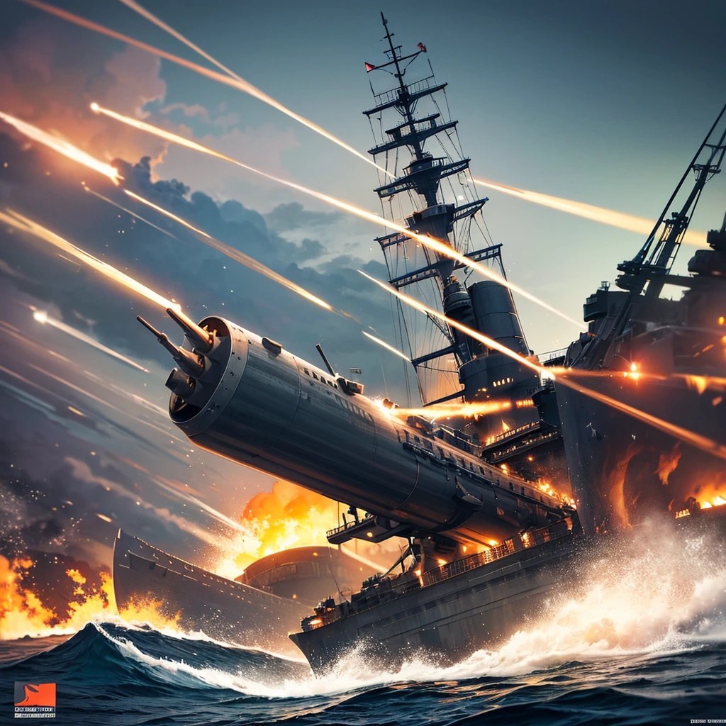 Content: A detailed digital art piece depicting a frontal view of a battleship firing its cannons. The battleship is massive and formidable, with large cannons blasting out powerful bursts of fire and smoke. The ocean around it is turbulent, reflecting the intensity of the action. Medium: Digital art, concept illustration. Style: Highly detailed, realistic military art in the style of naval history illustrations. Lighting: Dynamic lighting with dramatic highlights and shadows to emphasize the power and scale of the battleship. The cannon fire illuminates the scene with intense bursts of light. Colours: A palette of steely blues, greys, and blacks, with bright flashes of orange and yellow from the cannon fire. Composition: A frontal view with a slightly low angle to emphasize the size and power of the battleship. The horizon line is low, creating a dramatic sense of scale and action.