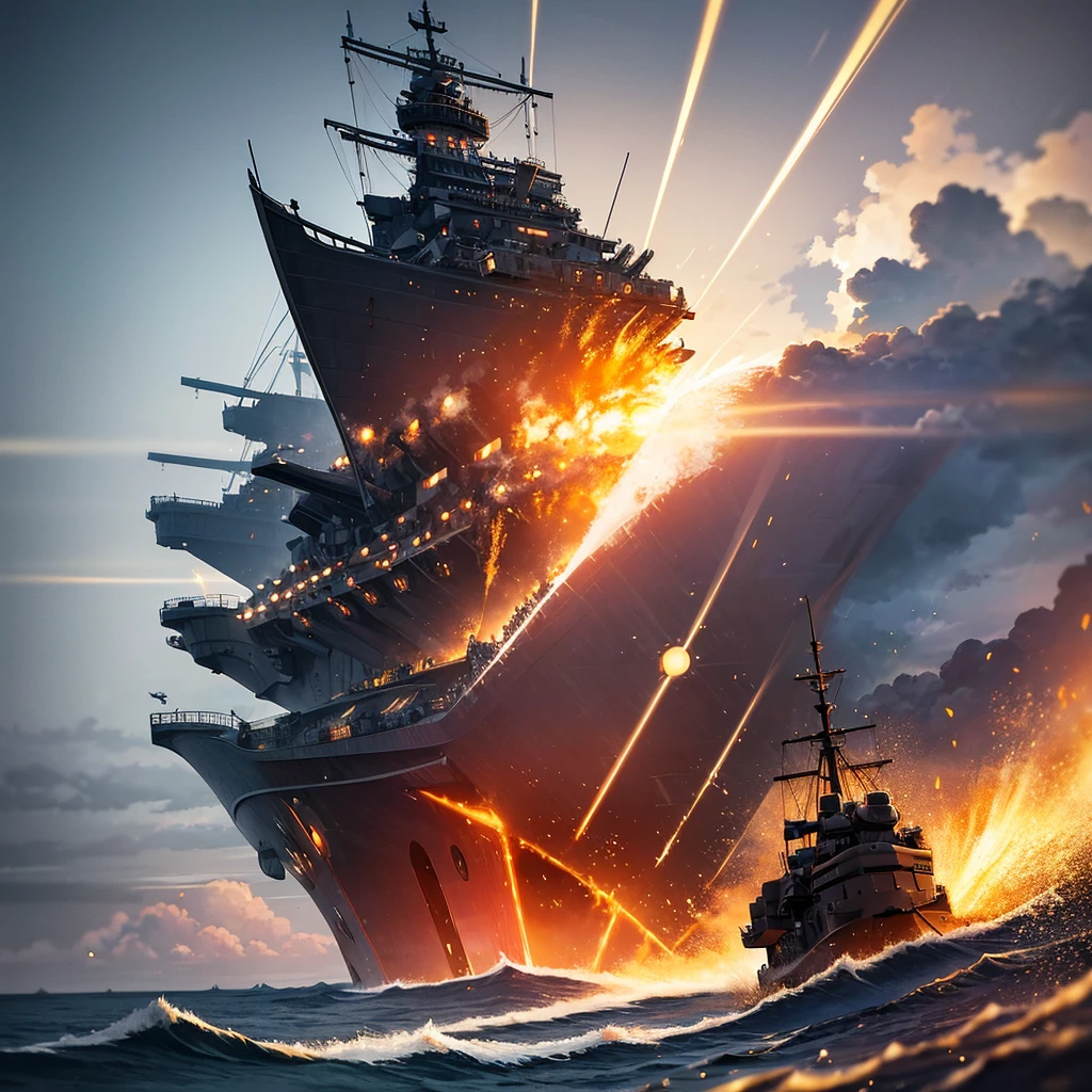 Content: A detailed digital art piece depicting a frontal view of a battleship firing its cannons. The battleship is massive and formidable, with large cannons blasting out powerful bursts of fire and smoke. The ocean around it is turbulent, reflecting the intensity of the action. Medium: Digital art, concept illustration. Style: Highly detailed, realistic military art in the style of naval history illustrations. Lighting: Dynamic lighting with dramatic highlights and shadows to emphasize the power and scale of the battleship. The cannon fire illuminates the scene with intense bursts of light. Colours: A palette of steely blues, greys, and blacks, with bright flashes of orange and yellow from the cannon fire. Composition: A frontal view with a slightly low angle to emphasize the size and power of the battleship. The horizon line is low, creating a dramatic sense of scale and action.
