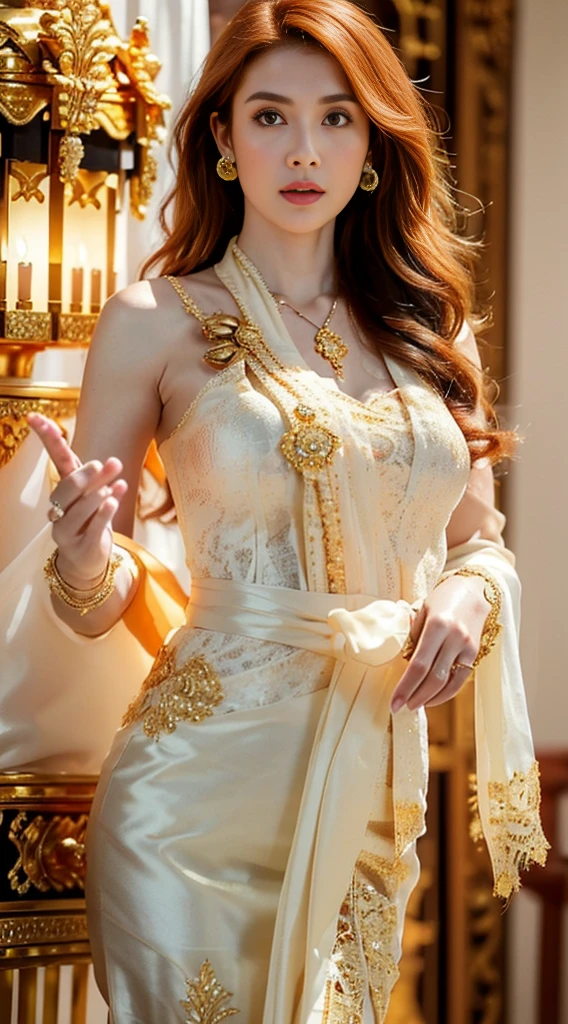 Photorealistic Production, (One Person), (Realistic Image of a 25 Years Old British Female Model), (Shoulder-level Wavy Ginger Hair:1.6), (Athletic Body Builds:1.4), (Pale Skin:1.4), (Wearing a White Ornated Kebaya Dress with Silk Cloth and Golden Jeweleries:1.6), (Serious Face), (Deep Cleavage), (Elegant Pose:1.6), Centered, (Waist-up Shot:1.4), From Front Shot, Insane Details, Intricate Face Detail, Intricate Hand Details, Cinematic Shot and Lighting, Realistic Colors, Masterpiece, Sharp Focus, Ultra Detailed, Taken with DSLR camera, Realistic Photography, Depth of Field, Incredibly Realistic Environment and Scene, Master Composition and Cinematography