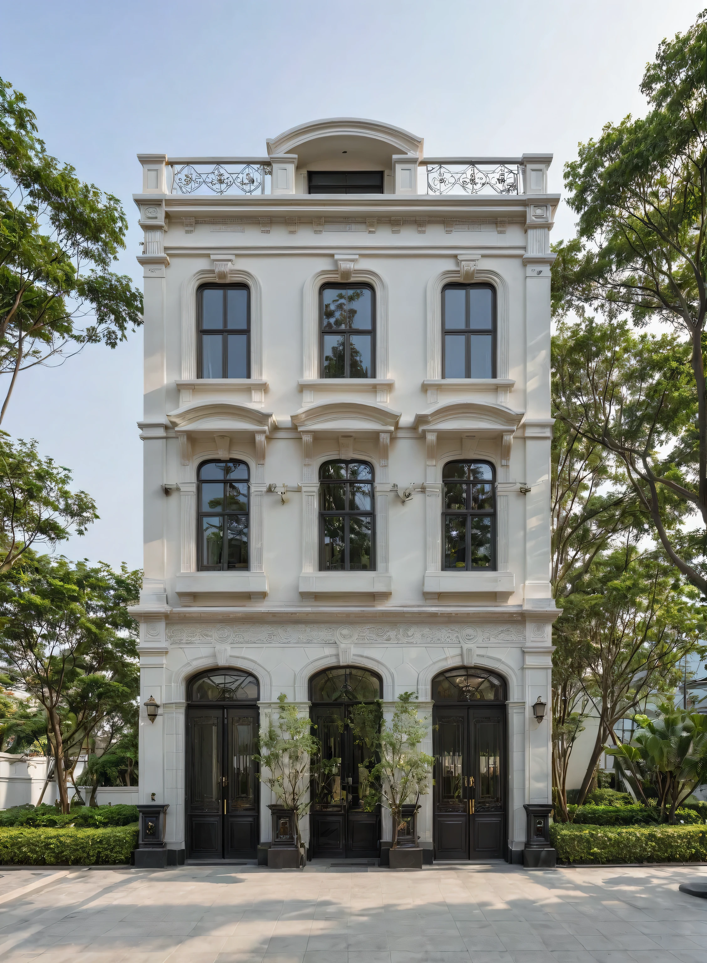 RAW photo,Exterior neo classic house, Inspired by French architecture, neo classic style, white, ((Highly detailed sculpted cornices at the tops of columns and walls)), French style roof, townhouse in residential area, The building is located in an urban area of Hanoi Vietnam, facing the road, (sidewalks), (sidewalk trees), (gate), (ultra realistic), (super high details:1.5), clean white sky, natural lighting, (curvilinear architecture:1.2), (sharpen:1.2), 8k uhd, dslr, soft lighting, high quality, film grain, Fujifilm XT3