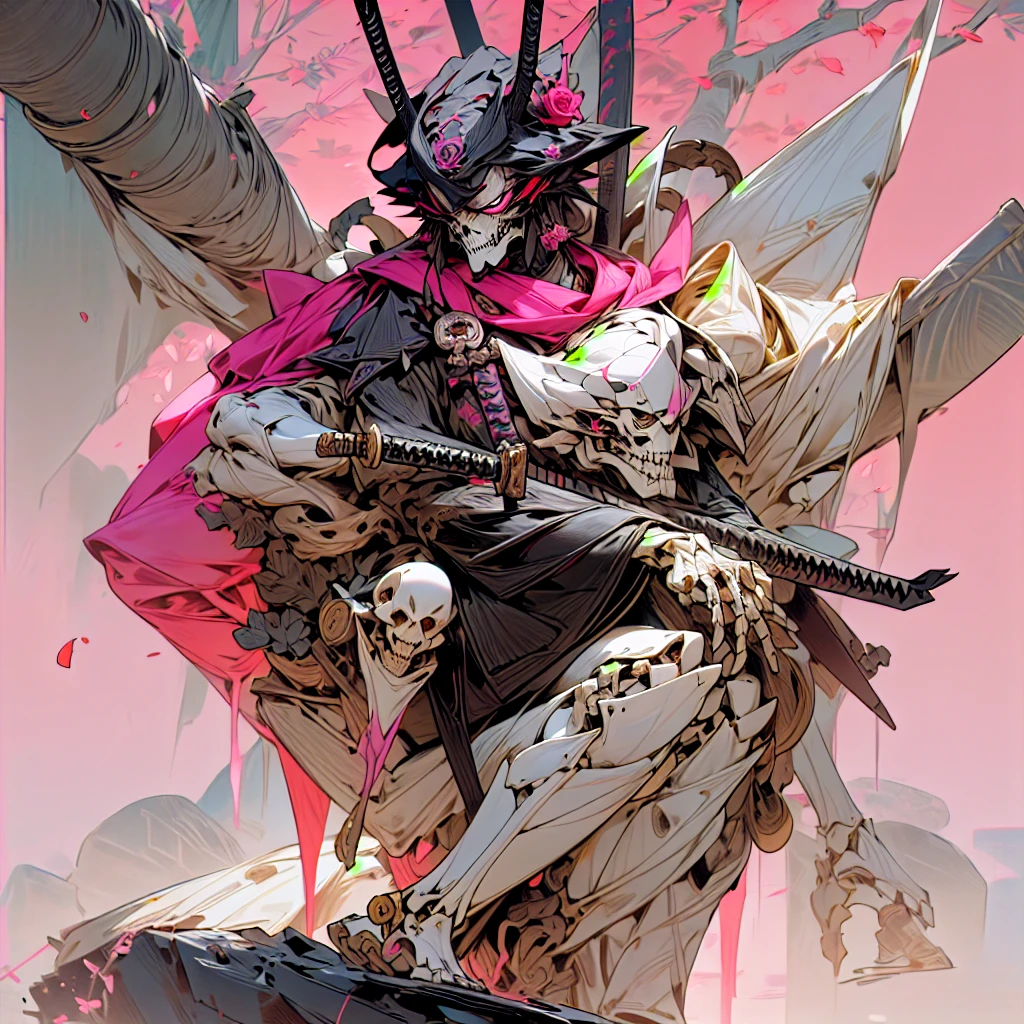 ((Samurai  ), wearing an Exu skeleton, wearing a Ronin mask,((Sitting on a rock )) art with rose details, asul seleste, and a garden of rubber trees in the background with pink leaves falling ,(pose: sitting: full body1.1), details, 