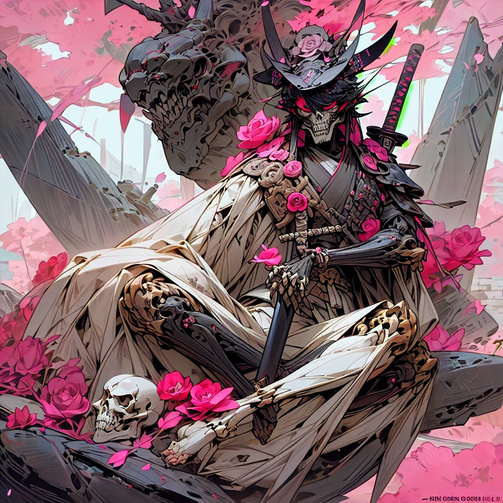 ((Samurai  ), wearing an Exu skeleton, wearing a Ronin mask,((Sitting on a rock )) art with rose details, asul seleste, and a garden of rubber trees in the background with pink leaves falling ,(pose: sitting: full body1.1), details, 