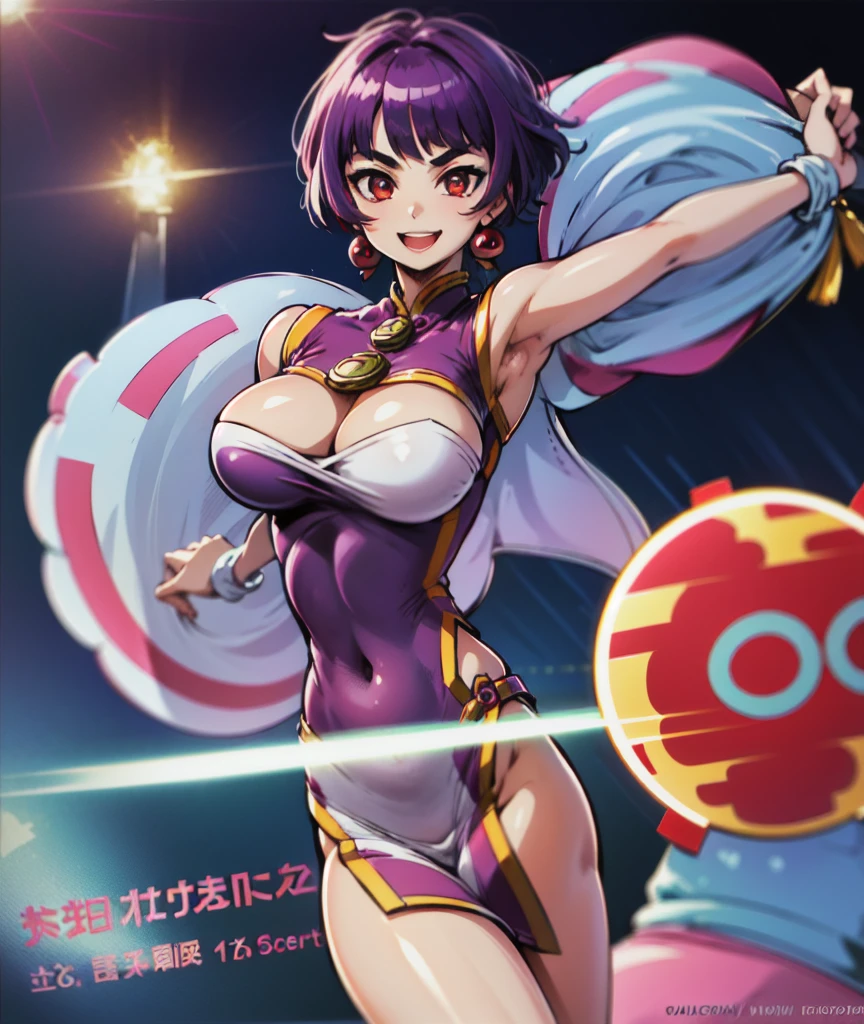 1girl, masterpiece, best quality, extremely detailed 8K wallpaper, ultra detailed, volumetric lighting, light, shinny, best anatomy, detailed eyes, beautiful eyes, best shadow, ultra detailed, meifon, breasts, looking_at_viewer, smile, short_hair, open_mouth, bangs, red_eyes, jewelry, purple_hair, earrings, choker, nail_polish, makeup, lipstick, purple chinese dress, tight dress, skin tight , festival, fireworks, night