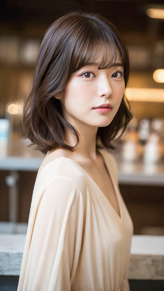 (top-quality、16K resolution)1 girl、solo、natural soft light、、A Japanese Lady、Looking at the camera、 キャミソール、ビールを飲んでいる、Concrete background、Facing the front、is standing、bobhair、30year old、Light bangs、short-hair、Salon model、Natural look、portlate、floated hair、Rolled hair、Mole around the mouth、缶ビールを持ってる