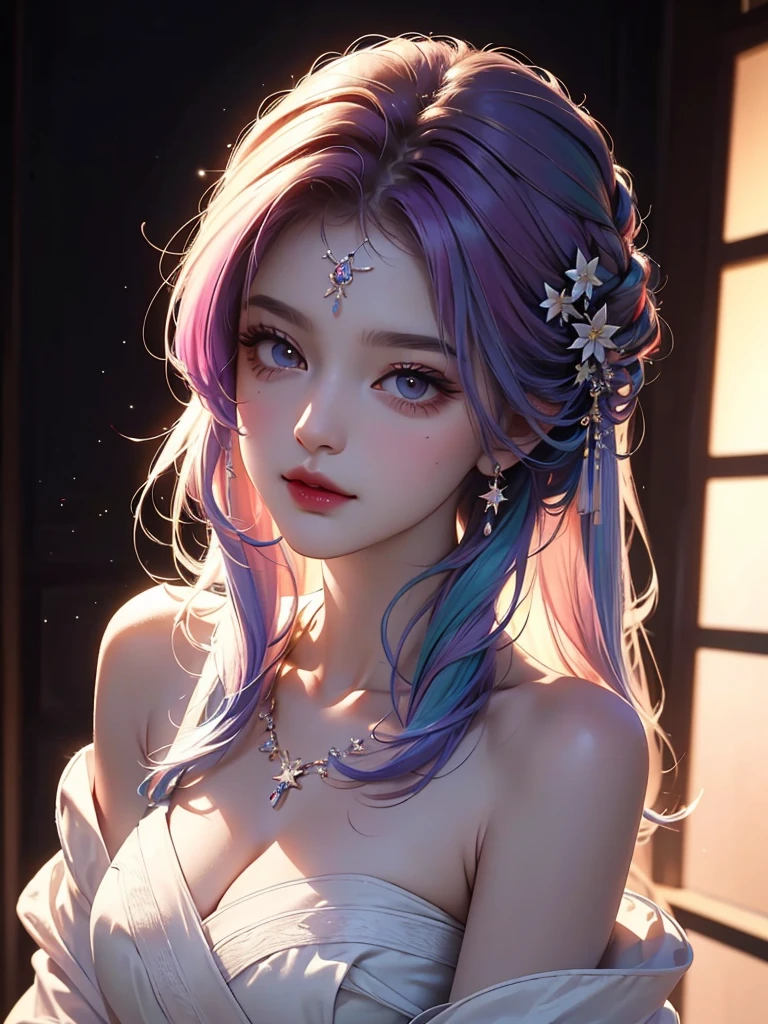 best quality, masterpiece, high resolution, 1 Girl,flirtatious，Seven colored hair，Oily and shiny lips，The transparency of clothes，（Show your shoulders），（chest），detail，（Upper Body）,Star-shaped pupil,china hanfu,Hair accessories,necklace, Jewelry,Pretty Face,Above_Body, Tyndall effect,Reality, Dark Studio, Rim Light, Two-tone lighting,(高detail皮肤:1.2), 8K uhd, Digital SLR Camera, Soft lighting, high quality, Volumetric Lighting, frank, photo, high resolution, 4K, 8K, Bokeh
