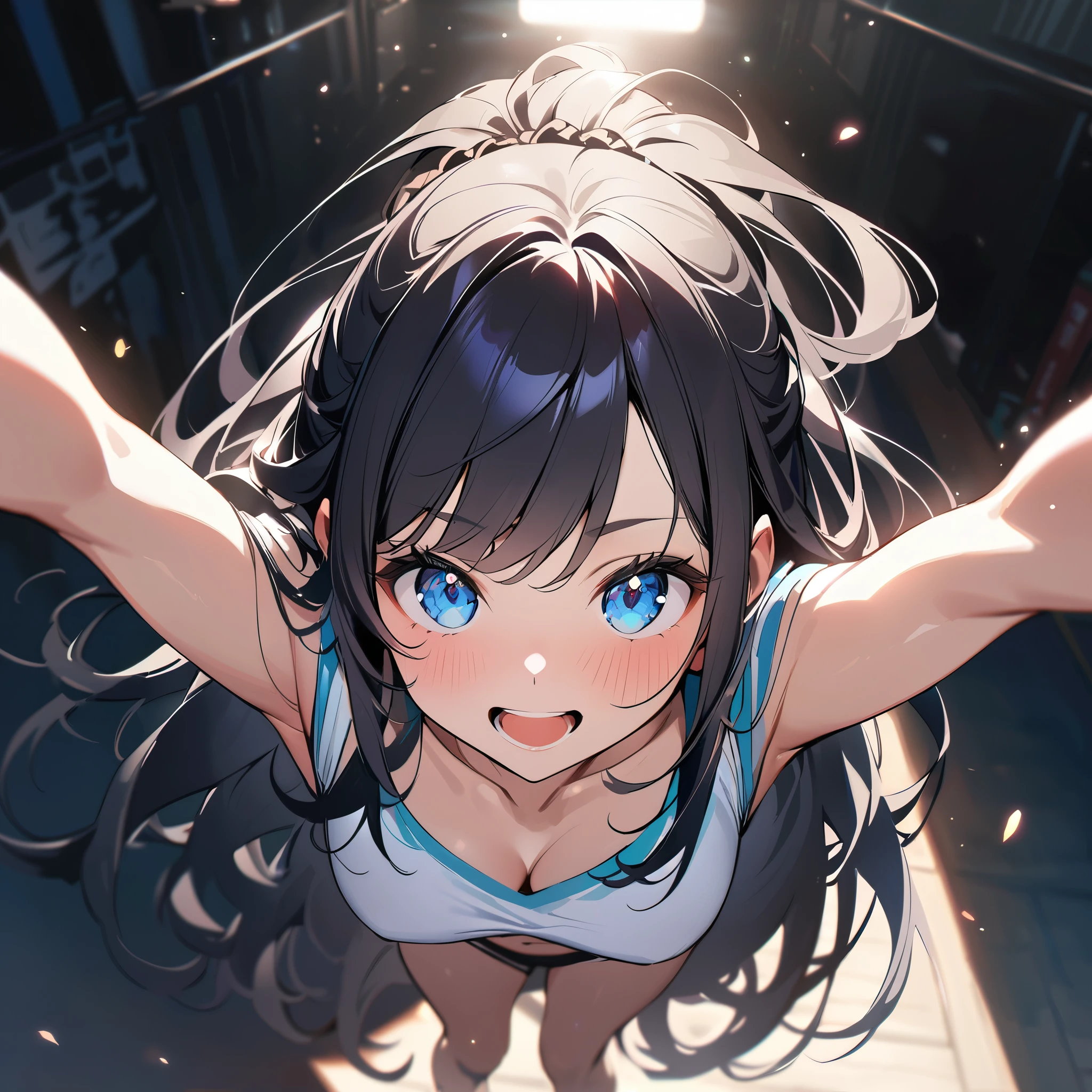1 Girl, Long Hair, Black Hair, Straight hair, Short bangs above the eyebrows, blue eyes, close your eyes, Open your mouth, smile, Outstretched arms,
break (masterpiece), (High resolution 8k), Cinema Lighting, Professional Lighting, Detailed eyes and face, Detailed body,
break midriff top, From above, sunlight, Outdoor,