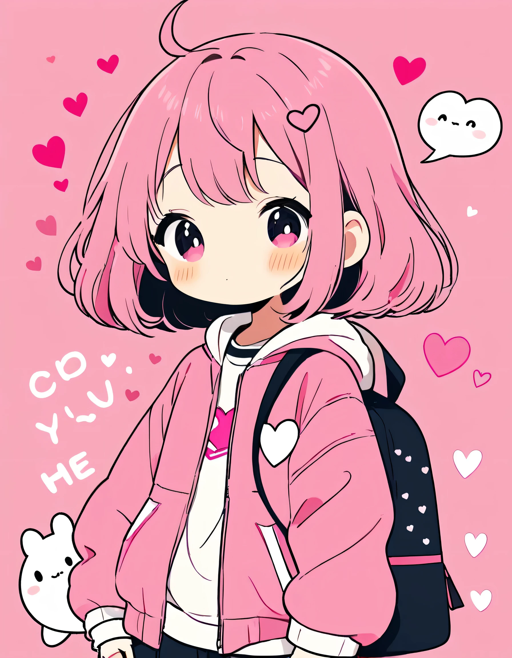 Momoko Sakura pink and White style, Simple Line Initialism，Abstract art，Kawaii Design, The most beautiful girl of all time、chibi, (((Cute pillbugs))), colorful hearts