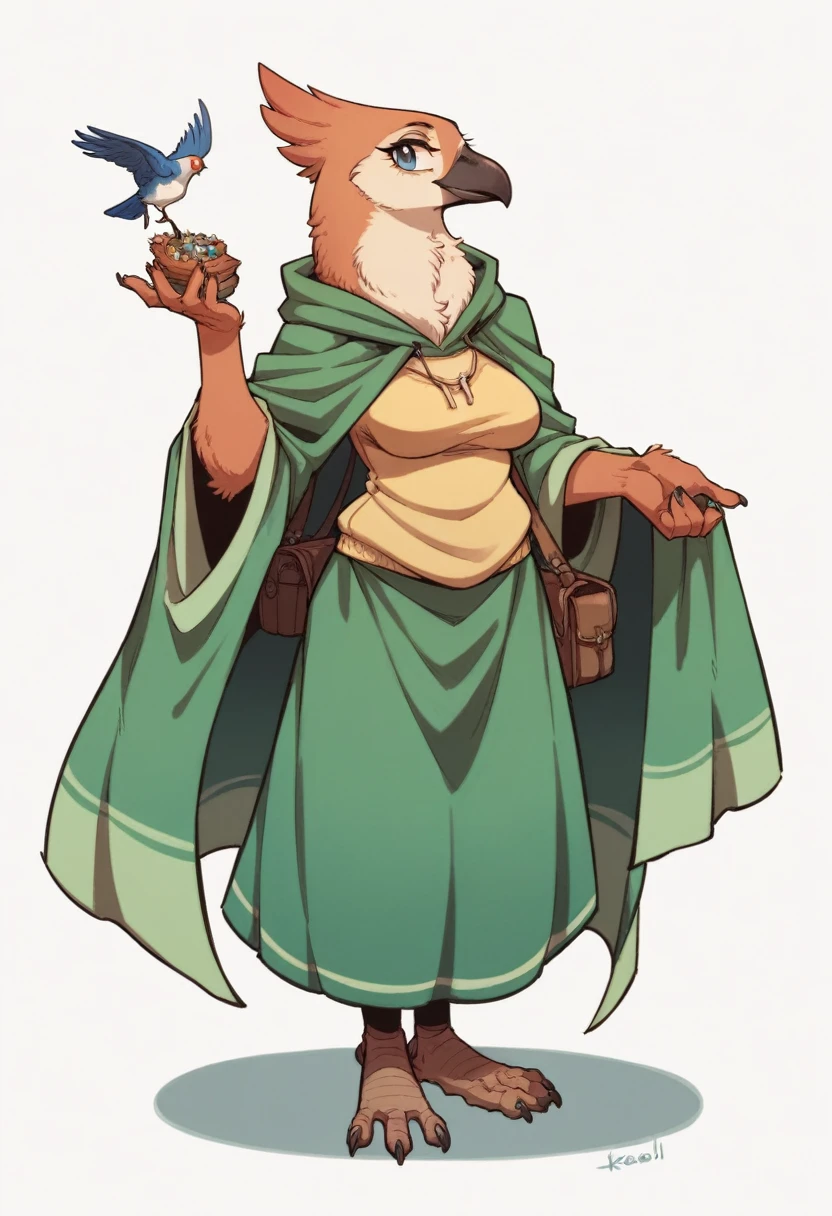 female anthropomorphic bird, Breasts covered and sfw. full body, white background. plays bagpipes. kopf von einem Robin, bird head, SCHNABEL, Robin
