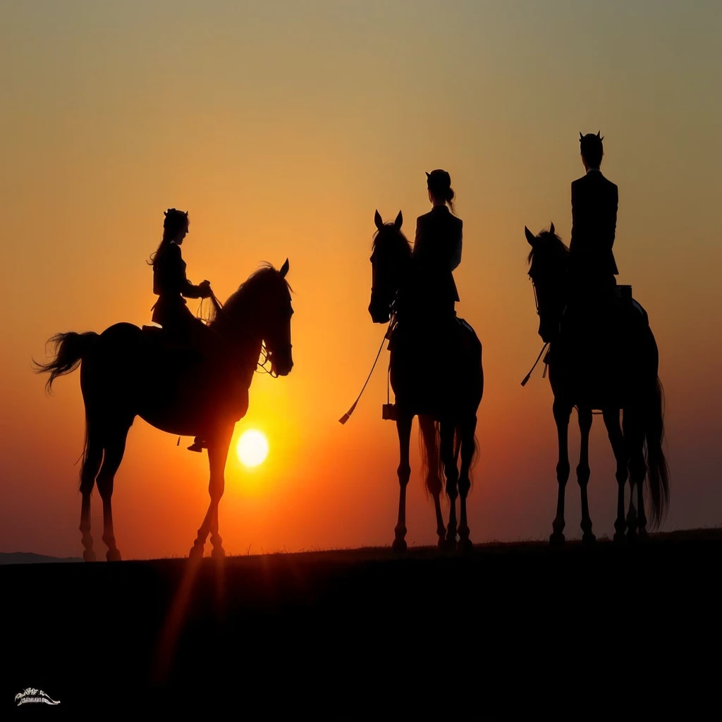 three people riding horses Sunset on a hill with the sun setting, In the sunset, 👰 🏇 ❌ 🍃, At sunrise, Sunset, Sunset, As the sun sets over the horizon, Sunrise in the morning, early morning, Riding a prancing horse, horse race, Sunset Sunrise, End of the day, dusk setting, Prime hour in the morning