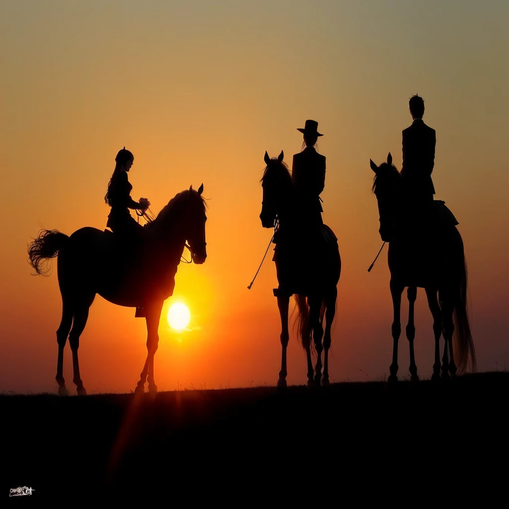 three people riding horses Sunset on a hill with the sun setting, In the sunset, 👰 🏇 ❌ 🍃, At sunrise, Sunset, Sunset, As the sun sets over the horizon, Sunrise in the morning, early morning, Riding a prancing horse, horse race, Sunset Sunrise, End of the day, dusk setting, Prime hour in the morning