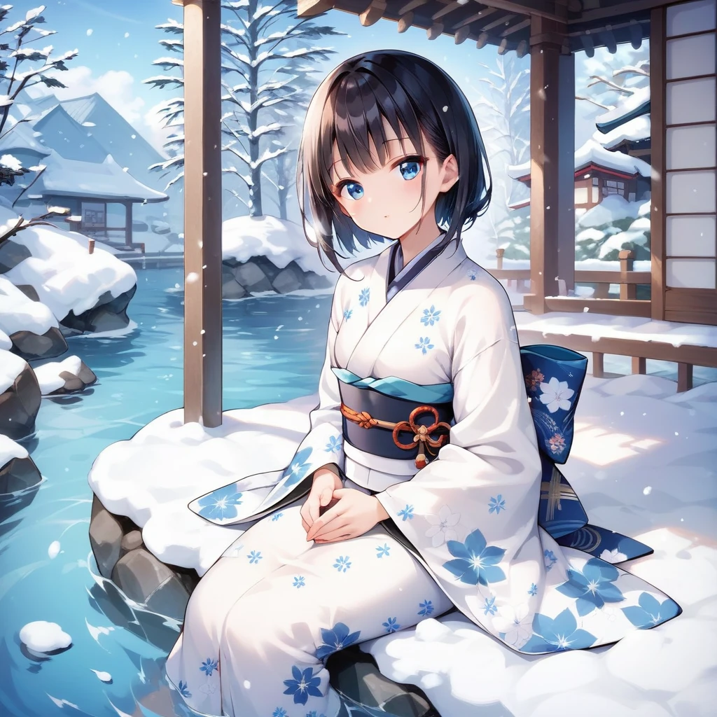 score_9, score_8_superior, score_7_superior, One girl, alone, View your viewers, short hair, bangs, blue eyes, Black Hair, Long sleeve, Sitting, Mouth closed, Outdoor, kimono, Wide sleeves, kimono, water, sash, heart, Floral print, snow, snowing, white kimono, print kimono