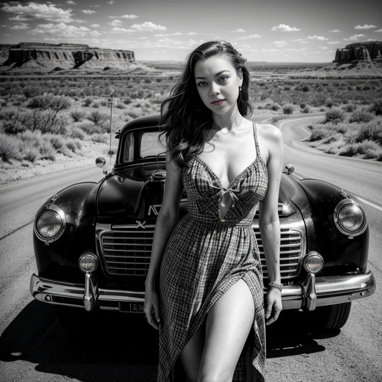 black and white photo. Amanda seyfried,  Winslow, Arizona, country route, long dress, pin-up, vintage dress, 22 years old, perfect body, 40's, perspective, half body detail, sharp focus, light mix, detail, 50's, (high skin detail: 1,2), 8k hd, DSLR, Luz outfit, high quality, Fujifilm XT3 Grainy Films.
