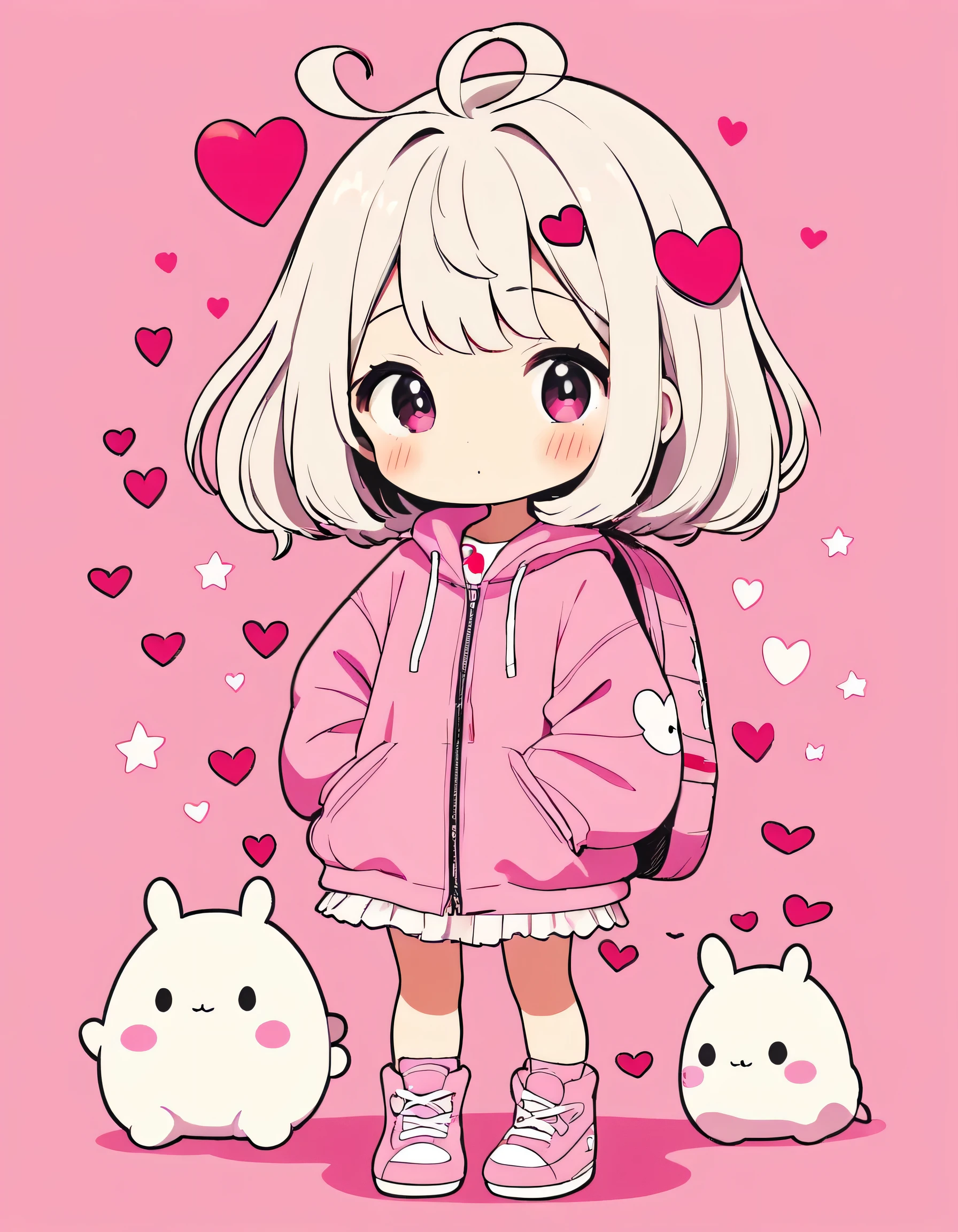 Momoko Sakura pink and White style, Simple Line Initialism,Abstract art,Kawaii Design, The most beautiful girl of all time、chibi, (((Cute pillbugs))), colorful hearts