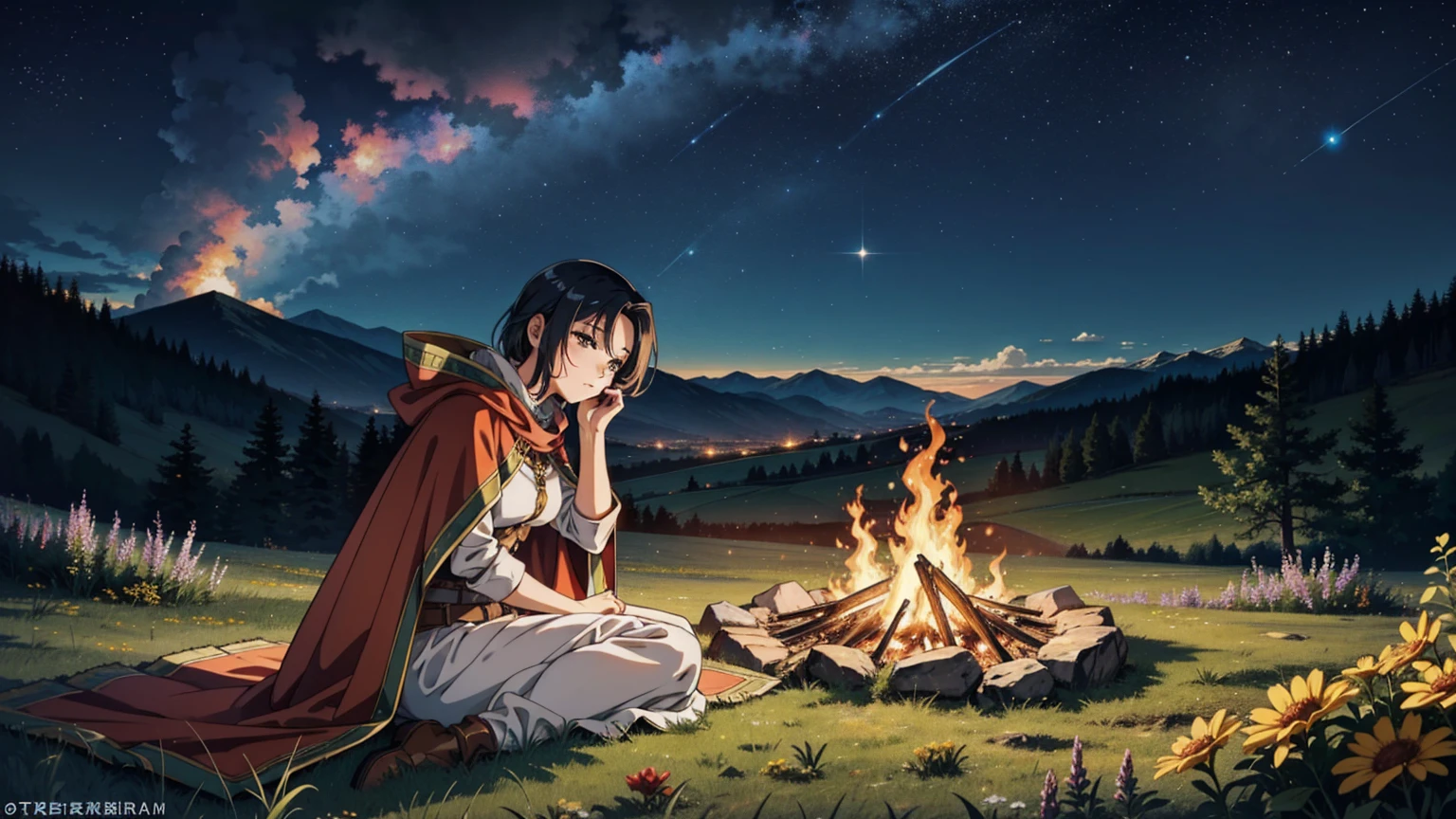 A 16:9 anime-style illustration depicting a female adventurer resting by a campfire on a hill. She is dressed in fantasy attire, including a cloak and light armor. She is sitting by the fire, holding a drink and enjoying a moment of relaxation. The night sky is filled with stars, and the glow of the fire illuminates her face. The hill is covered in grass and wildflowers, and there are distant mountains in the background. The atmosphere is peaceful and serene.