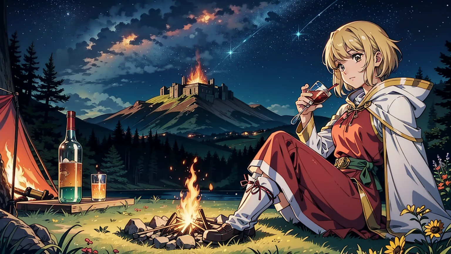 A 16:9 anime-style illustration depicting a female adventurer resting by a campfire on a hill. She is dressed in fantasy attire, including a cloak and light armor. She is sitting by the fire, holding a drink and enjoying a moment of relaxation. The night sky is filled with stars, and the glow of the fire illuminates her face. The hill is covered in grass and wildflowers, and there are distant mountains in the background. The atmosphere is peaceful and serene.