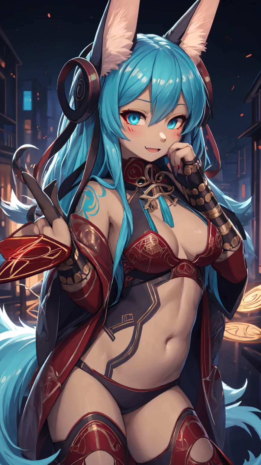 the best definition, Miku Hatsune, High Definition, kitsune ears, tribal tattoo, flirtatious girl, Small breasts add_detail, magician girl add_detail, sensual pose, horny girl, expression of sarcasm puts his hands to his face with an expression of mischief add_detail, detailed pupils, deep blue color add_detail:1