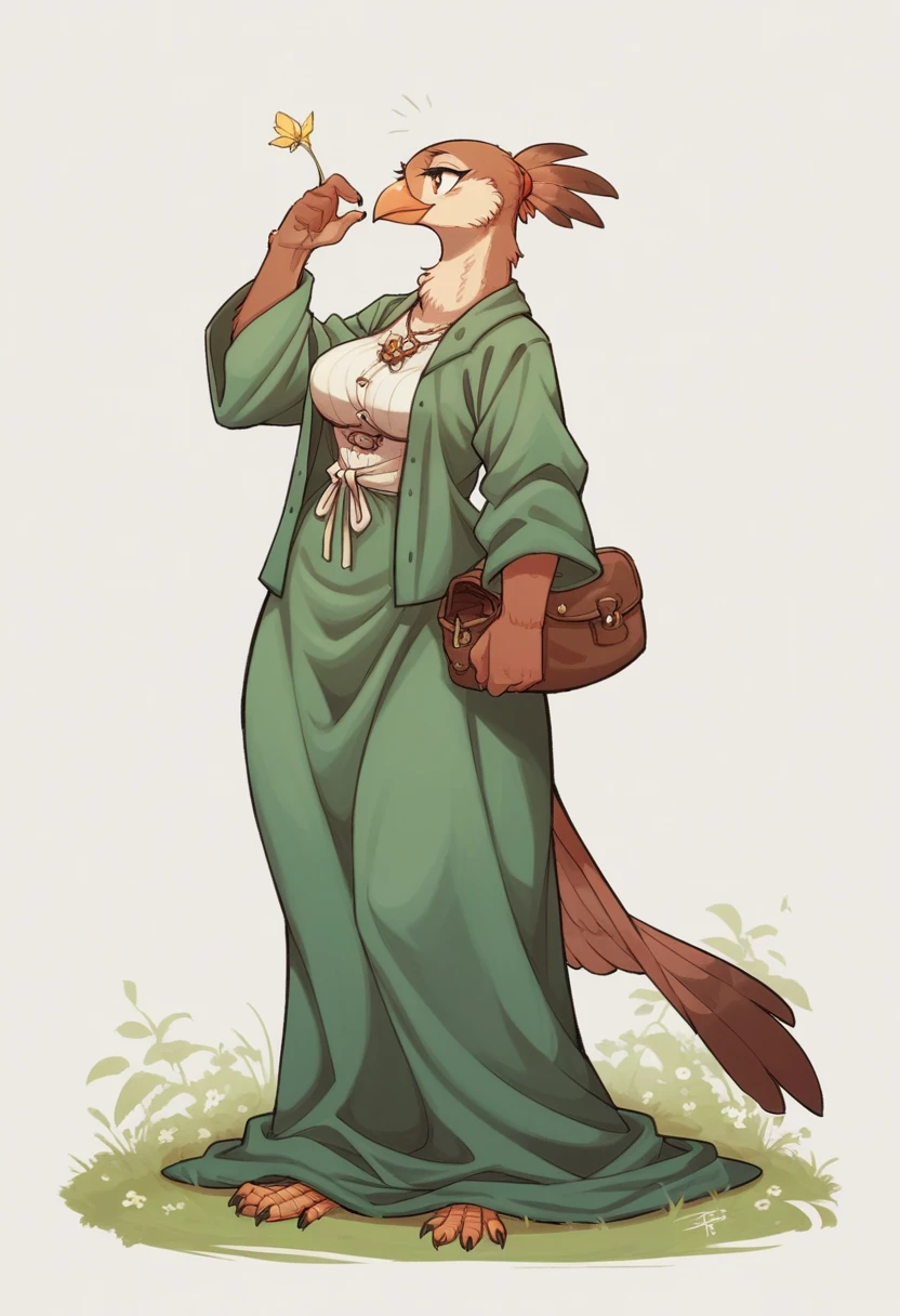 female anthropomorphic bird, Breasts covered and sfw. full body, white background. plays bagpipes. kopf von einem Robin, bird head, SCHNABEL, Robin. portrait