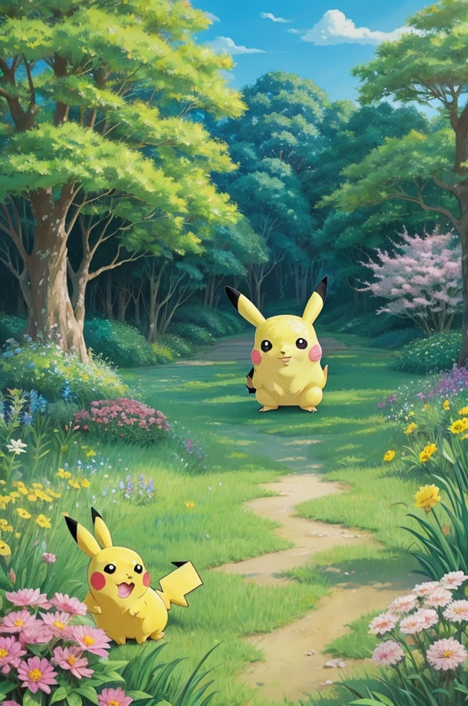 A Pikachu drawn in the style of Studio Ghibli, with soft, detailed textures and a whimsical, nature-inspired background. Pikachu has expressive, large eyes and a friendly smile. The scene includes lush greenery, flowers, and a gentle breeze rustling the leaves. The overall atmosphere is magical and enchanting, capturing the essence of Studio Ghibli films.